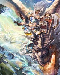  1boy :d absurdres blue_dress blue_eyes blue_hair blue_sky bracer brown_footwear brown_legwear commentary_request day dragon dress feathers female floating_castle floating_island flying helmet highres holding long_hair looking_at_viewer open_mouth original outdoors photoshop_(medium) red_eyes shoes short_hair silver_hair sky smile takanori_yamada very_long_hair white_hair wind wind_lift 