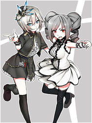  2girls anastasia_(idolmaster) belt black_jacket black_thighhighs blue_eyes chains commentary_request dress drill_hair fujitwo grey_background grey_hair hat hat_feather high_heels idolmaster idolmaster_cinderella_girls jacket kanzaki_ranko leg_up loafers looking_at_viewer mini_hat multiple_girls pointing red_eyes shoes simple_background thighhighs tsurime twintails white_dress zettai_ryouiki 