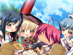  4girls antenna_hair black_hair blonde_hair blush chopsticks chouun food game_cg kan&#039;u katagiri_hinata koihime_musou long_hair multiple_girls pink_hair ponytail ryofu shokatsuryou short_hair tattoo 