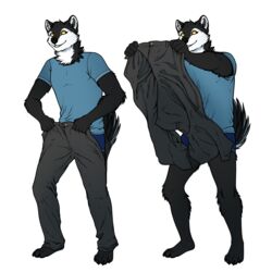  1:1 4_toes alpha_channel anthro avoid_posting barefoot better_version_at_source black_body black_fur black_nose black_sclera bottomwear canid canine canis claws clothed clothing conditional_dnp domestic_dog feet fur hi_res husky mammal meme nordic_sled_dog pants ratte simple_background spitz standing thehuskyk9 toe_claws toes torn_clothing transparent_background underwear white_body white_fur yellow_eyes 