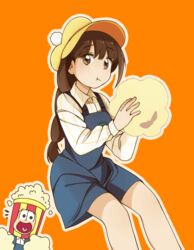  1boy :d :t ^^^ alternate_costume bad_id bad_pixiv_id braid brown_eyes brown_hair chewing collared_shirt eyebrows female food hat heart heart_in_mouth jingle_(mhb729) jyushimatsu&#039;s_girlfriend long_hair long_sleeves looking_at_viewer matching_outfits matsuno_jyushimatsu open_mouth orange_background osomatsu-kun osomatsu-san osomatsu_(series) outline overalls oversized_object pom_pom_(cheerleading) popcorn shirt simple_background single_braid smile straight yellow_hat 