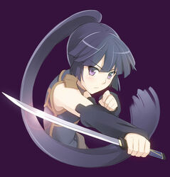  akatsuki_(log_horizon) commentary_request detached_sleeves female korisei log_horizon long_hair ponytail purple_eyes purple_hair short_sword solo sword weapon 