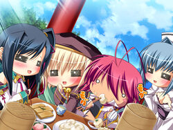  4girls antenna_hair black_hair blonde_hair blush chopsticks chouun food game_cg kan&#039;u katagiri_hinata koihime_musou long_hair multiple_girls pink_hair ponytail ryofu shokatsuryou short_hair tattoo 