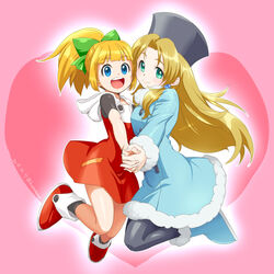  2girls bare_legs black_legwear blonde_hair blue_coat blue_eyes blunt_bangs blush bow buttons closed_mouth coat commentary dress earrings full_body fur_hat fur_trim green_bow green_eyes hair_ornament hairbow hat heart high_ponytail highres holding_hands hood hood_down hooded_dress hoodie jewelry jumping kalinka_cossack_(mega_man) kurowasagi looking_at_viewer mega_man_(classic) mega_man_(series) mega_man_11 multiple_girls open_mouth ponytail red_dress rockman_xover roll_(mega_man) shiny_clothes shiny_legwear shoes sidelocks smile teeth ushanka 