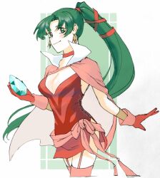  alternate_costume ashura1221 boots breasts cape cleavage commentary_request cosplay earrings female fire_emblem fire_emblem:_the_blazing_blade fire_emblem_heroes garter_straps gem gloves green_hair high_ponytail holding holding_gem jewelry looking_at_viewer lyn_(fire_emblem) medium_breasts pelvic_curtain ponytail red_gloves solo thigh_boots tiki_(adult)_(fire_emblem) tiki_(adult)_(fire_emblem)_(cosplay) tiki_(fire_emblem) 