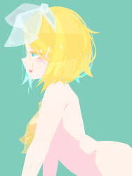  absurdres bikini blonde_hair blue_background blue_eyes blue_hair bow breasts colored_inner_hair commentary_request female from_side hairbow hara_id_21 highres kagamine_rin leaning_forward looking_afar multicolored_hair no_lineart open_mouth profile short_hair simple_background small_breasts solo swimsuit transparent_bow upper_body vocaloid yellow_bikini 