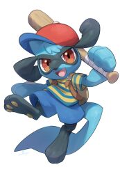  3_fingers 3_toes absurd_res ambiguous_gender baseball_bat baseball_cap bat_(object) blue_bottomwear blue_clothing blue_shorts bottomwear clothed clothed_feral clothing earthbound_(series) fang_out fangs feet feral fingers generation_4_pokemon hat headgear headwear hi_res looking_at_viewer ness nintendo nullma open_mouth pattern_clothing pattern_shirt pattern_topwear pawpads pokemon pokemon_(species) red_eyes riolu shirt shorts simple_background solo striped_clothing striped_shirt striped_topwear stripes teeth toes tongue topwear white_background 