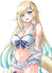  absurdres aizawa_ema bikini blonde_hair blue_eyes blue_hair blunt_bangs blush bow bow_bikini breasts cat_earrings cleavage commentary cross-laced_bikini cross-laced_clothes earrings female flower gradient_hair hair_flaps hair_flower hair_ornament head_tilt highres jewelry kuwakuma lace-trimmed_bikini lace_trim large_breasts long_hair looking_at_viewer multicolored_hair navel simple_background sitting smile solo spread_legs swimsuit v_arms very_long_hair virtual_youtuber vspo! white_background white_bikini wristband 