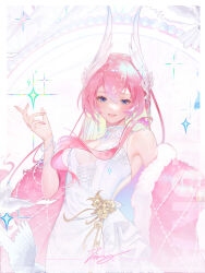  absurdres bare_shoulders bead_bracelet beads bird blue_eyes bracelet breasts cleavage coat dove dress earrings female fur_coat hair_between_eyes hair_ornament highres jewelry jie_xiaoming lace-up long_hair looking_at_viewer megurine_luka miku_symphony_(vocaloid) parted_lips pink_coat pink_hair see-through see-through_cleavage signature sleeveless sleeveless_dress solo sparkle very_long_hair vocaloid white_dress 