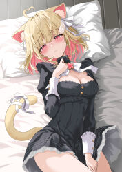  absurdres ahoge animal_ear_fluff animal_ears bed_sheet black_dress blonde_hair blunt_bangs blush breasts brooch cat_ears cat_girl cat_tail cleavage cleavage_cutout closed_mouth clothing_cutout collared_dress colored_inner_hair commentary_request dress female frilled_dress frills frown genjitsu_pirika hair_ribbon heart heart_ahoge highres jewelry kemomimi_refle! large_breasts long_sleeves looking_at_viewer lying mole mole_under_eye multicolored_hair nekoma_karin official_alternate_costume official_alternate_hairstyle on_back pillow pink_hair puffy_sleeves red_eyes ribbon short_dress short_hair skirt_hold sleeve_cuffs solo tail tail_ornament tail_ribbon tearing_up virtual_youtuber white_ribbon wing_hair_ornament 