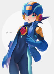  1boy black_hair blue_bodysuit blue_helmet blue_jacket blurry blush bodysuit commentary_request covered_navel cowboy_shot depth_of_field green_eyes grey_background helmet highres jacket looking_at_viewer male_focus mega_man_(series) mega_man_battle_network_(series) megaman.exe netnavi open_clothes open_jacket open_mouth short_hair sleeveless sleeveless_jacket solo spiked_hair standing twitter_username two-tone_background white_background zero-go 