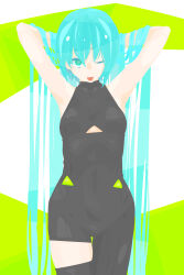  absurdres arms_up black_bodysuit blue_eyes blue_hair bodysuit breasts commentary_request cowboy_shot female green_background hair_between_eyes hands_in_hair hara_id_21 hatsune_miku highres long_hair looking_at_viewer medium_bangs no_lineart one_eye_closed open_mouth racing_miku racing_miku_(2022) sleeveless sleeveless_bodysuit small_breasts smile solo tongue tongue_out very_long_hair vocaloid white_background 