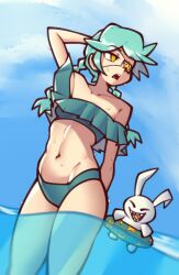  annie_(skullgirls) aqua_hair bikini blue_bikini blue_hair blue_sky braid collarbone commentary day english_commentary eyepatch feet_out_of_frame female fujimna navel open_mouth outdoors sagan_(skullgirls) skullgirls sky smile solo solo_focus star_(symbol) stuffed_animal stuffed_rabbit stuffed_toy swim_ring swimsuit twin_braids water wet yellow_eyes 