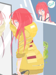  2girls absurdres black_tank_top blue_eyes coat commentary_request cowboy_shot deto_tasuku full-length_mirror green_hair hair_between_eyes hara_id_21 highres holding long_bangs long_hair looking_at_mirror mirror multiple_girls no_lineart open_mouth peeking_out red_eyes red_hair sleeves_rolled_up solo_focus station_memories tank_top yellow_coat 