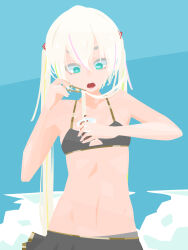  absurdres alternate_hair_color bikini black_bikini black_skirt blonde_hair blue_background blue_eyes breasts chopsticks cloud commentary_request female food food-themed_hair hair_between_eyes hara_id_21 hatsune_miku highres holding holding_chopsticks long_bangs midriff navel no_lineart noodles open_mouth skirt small_breasts solo soumen swimsuit twintails upper_body vocaloid 