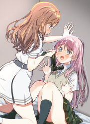  2girls bang_dream! bang_dream!_it&#039;s_mygo!!!!! belt black_belt black_socks blue_eyes blush brown_sweater_vest chihaya_anon closed_mouth collared_shirt commentary_request diagonal-striped_clothes diagonal-striped_necktie dress dress_shirt green_necktie green_skirt grey_eyes haneoka_school_uniform highres kneehighs kneeling long_hair multiple_girls nagasaki_soyo necktie necktie_grab neckwear_grab oerba_yun_fang open_mouth pink_hair plaid_clothes plaid_skirt pleated_skirt puffy_short_sleeves puffy_sleeves sailor_dress school_uniform shirt short_sleeves skirt skull573 socks striped_clothes sweatdrop sweater_vest tsukinomori_school_uniform white_dress white_shirt yuri 