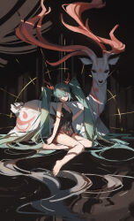  absurdly_long_hair absurdres animal antlers bare_arms bare_shoulders barefoot black_dress collarbone commentary_request deer dress female green_eyes green_hair hair_between_eyes hatsune_miku highres horns long_hair loong_(loong_blo) nail_polish red_nails sleeveless sleeveless_dress solo toenail_polish toenails twintails very_long_hair vocaloid 