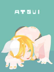  absurdres all_fours ass_tattoo bikini black_bikini blonde_hair blue_background blue_eyes bow breasts commentary_request female fingernails full_body hair_between_eyes hairbow hara_id_21 highres kagamine_rin long_bangs looking_at_viewer medium_breasts number_tattoo one_eye_closed open_mouth romaji_text short_hair simple_background solo swept_bangs swimsuit tattoo tongue vocaloid white_bow yellow_nails 