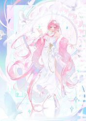  absurdly_long_hair absurdres bare_shoulders bead_bracelet beads bird blue_eyes bracelet breasts cherry_blossoms cleavage coat dove dress earrings feathers female full_body fur_coat hair_between_eyes hair_ornament highres jewelry jie_xiaoming lace-up long_hair looking_at_viewer megurine_luka miku_symphony_(vocaloid) parted_lips pink_coat pink_hair see-through see-through_cleavage shoes side_slit sleeveless sleeveless_dress solo sparkle very_long_hair vocaloid white_dress white_footwear 