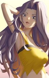  arm_behind_head bare_arms blue_eyes blue_hair camisole collarbone commentary_request crop_top female highres hyakusyo69 karen_(pokemon) light_blue_hair long_hair midriff navel parted_bangs pokemon pokemon_hgss solo spaghetti_strap teeth upper_body upper_teeth_only wavy_hair yellow_camisole 