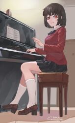  black_hair blush female loafers loose_socks red_eyes school_uniform schoolgirl sitting younger_female yukiale 