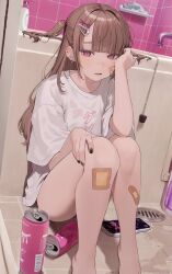  bandaid bandaid_on_face bandaid_on_leg barefoot bathroom black_nails blush brown_hair can cellphone commentary_request drain_(object) ear_piercing earclip earrings faucet female hair_ornament hamunezuko_(nezukonezu32) highres indoors jewelry legs_up long_hair looking_at_viewer nail_polish open_mouth original phone piercing pink_eyes shirt short_sleeves sidelocks sitting smartphone solo tiles two_side_up wet white_shirt x_hair_ornament 