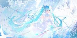  arm_tattoo beads bird blue_eyes blue_hair blue_nails breasts bridal_gauntlets cleavage commentary dove dress dutch_angle earrings elbow_gloves female gloves hair_ornament hatsune_miku heart heart_hair_ornament highres jewelry jie_xiaoming long_hair miku_symphony_(vocaloid) number_tattoo parted_lips petals see-through see-through_cleavage sidelocks skirt_hold sleeveless sleeveless_dress solo standing tattoo twintails very_long_hair vocaloid white_dress white_gloves 