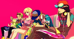  3boys alternate_costume bad_id bad_pixiv_id baseball_cap beat_(jsr) black_gloves blonde_hair canine couch crossed_legs cup doromame drinking drinking_glass eyewear_on_head female fingerless_gloves gloves goggles green_hair gum_(jsr) hat headphones headphones_around_neck hood hoodie jet_set_radio jet_set_radio_future looking_at_viewer magazine_(object) multiple_boys orange_hair photoshop_(medium) pink_background reading rubik&#039;s_cube shirt simple_background sunglasses t-shirt tab_(jsr) yoyo_(jsr) 