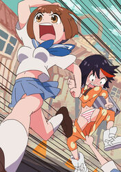  2girls assisted_exposure black_hair blue_sailor_collar blue_skirt blush bob_cut brown_hair clothes_pull commentary_request corn_potako embarrassed kill_la_kill mankanshoku_mako matoi_ryuuko multiple_girls navel orange_shirt pajamas panties pants pants_pull pantsing pulling_another&#039;s_clothes running sailor_collar school_uniform serafuku shirt short_hair skirt speed_lines underwear 