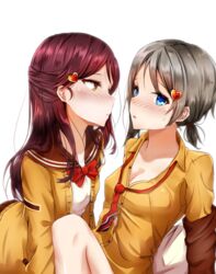  2girls asymmetrical_hair blue_eyes blush bow bowtie breasts brown_hair cardigan ciawasemono cleavage commentary_request dress_shirt eye_contact grey_hair hair_ornament heart heart_hair_ornament imminent_kiss long_hair looking_at_another loose_necktie love_live! love_live!_sunshine!! medium_breasts multiple_girls necktie open_cardigan open_clothes open_mouth red_bow red_bowtie red_necktie sakurauchi_riko shirt short_ponytail simple_background sweatdrop sweater watanabe_you white_background white_shirt yellow_eyes yellow_shirt yellow_sweater yuri 