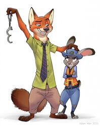  anthro barefoot belt blue_eyes bottomwear brown_nose canid canine clothing countershading crossed_arms cuff_(restraint) disney duo fangs feet female flat_chested fox frown fuck_the_police fur green_eyes grey_body grey_fur handcuffs hat headgear headwear hi_res judy_hopps lagomorph leporid male mammal metal_cuffs necktie nick_wilde pants pink_nose police rabbit restraints shackles shirt simple_background smile standing teeth topwear uniform white_background white_body white_fur zaush zootopia 