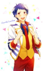  1boy :d adjusting_clothes blue_hair blush commentary_request cowboy_shot flying_sweatdrops ichijou_shin idol jacket king_of_prism king_of_prism_by_prettyrhythm looking_at_viewer male_focus necktie open_clothes open_jacket open_mouth pants patterned_background pretty_rhythm pretty_series red_eyes red_necktie shiron_(shiro_n) smile solo song_name waistcoat 