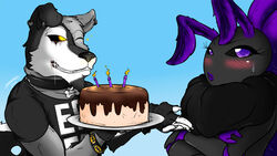  2015 anthro arthropod batman_(series) birthday_cake black_body black_fur black_nose black_sclera blush cake canid canine canis cheek_tuft chest_tuft collar dc_comics dessert domestic_dog duo ear_piercing facial_hair facial_tuft female food fur glowing glowing_eyes goatee grey_body grey_fur grin happy_birthday hi_res husky insects lepidopteran lips looking_away male mammal masamaki moth multicolored_body multicolored_fur nordic_sled_dog one_eye_closed piercing purple_eyes purple_lips signature smile spitz teeth tuft white_body white_fur wink yellow_eyes 