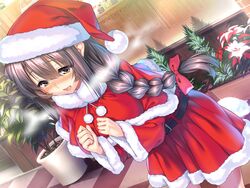  amakano_~second_season~ blush braid breath brown_hair dutch_angle female fur_trim game_cg hair_over_shoulder hat long_hair long_sleeves nose_blush official_art open_mouth piromizu santa_costume santa_hat skirt solo takayashiro_yuzuka yellow_eyes 