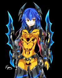  blue_hair bodysuit commentary_request female gradient_hair ivuki long_hair multicolored_hair orange_bodysuit phantasy_star phantasy_star_online_2 quna_(pso2) twintails yellow_eyes zelsius 