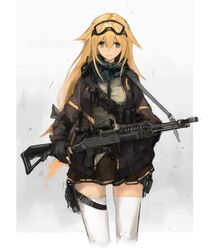  alternate_costume bad_id bad_pixiv_id bandolier blonde_hair cowboy_shot female girls&#039;_frontline goggles goggles_on_head green_eyes gun jacket long_hair looking_at_viewer m1918_(girls&#039;_frontline) ohio_ordnance_hcar photoshop_(medium) scarf scope smile solo thighhighs unitsu very_long_hair weapon white_thighhighs 