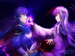  1boy blue_hair cape commentary_request female fire_emblem fire_emblem:_genealogy_of_the_holy_war gloves holding holding_sword holding_weapon julia_(fire_emblem) looking_at_another reidiantdawn seliph_(fire_emblem) signature smile sword tears weapon white_hair 