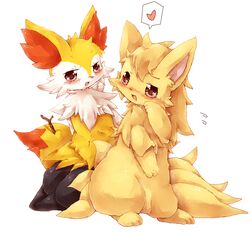  bodily_fluids braixen brown_eyes canid canine crying duo female feral fur generation_1_pokemon generation_6_pokemon heart_symbol inner_ear_fluff kemono male male/female mammal multi_tail ninetales nintendo open_mouth pink_eyes pokemon pokemon_(species) romantic romantic_couple sad simple_background tail tears tuft wahitouppe white_background yellow_body yellow_fur 