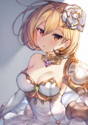  blonde_hair breasts brown_eyes cleavage collarbone commentary_request cosplay detached_collar djeeta_(granblue_fantasy) dress female flower glorybringer_(granblue_fantasy) glorybringer_(granblue_fantasy)_(cosplay) granblue_fantasy hair_between_eyes hair_flower hair_ornament large_breasts long_sleeves looking_at_viewer narusegawa_riko short_hair solo strapless strapless_dress upper_body white_dress white_flower 