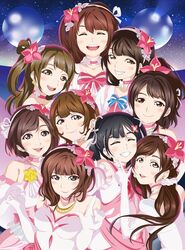  6+girls :d \m/ ^_^ arm_up ayase_eli bare_shoulders black_hair blue_bow blue_ribbon blunt_bangs blush bokutachi_wa_hitotsu_no_hikari bow bowtie breasts brown_eyes brown_hair choker clenched_hand closed_eyes closed_mouth commentary_request detached_sleeves dress earrings elbow_gloves facing_viewer flower frilled_sleeves frills fur-trimmed_gloves fur_trim gloves grin hair_flower hair_ornament hair_ribbon hair_rings hair_scrunchie hairband hands_up headband highres hoshizora_rin iida_riho index_finger_raised jewelry koizumi_hanayo kosaka_honoka kubo_yurika kusuda_aina long_hair looking_at_viewer love_live! love_live!_school_idol_project medium_breasts mimori_suzuko minami_kotori multiple_girls nanjou_yoshino necklace nico_nico_nii nishikino_maki nitta_emi one_side_up open_mouth otsuki_(aquatictai_cqb) pile_(voice_actor) pink_bow pink_bowtie pink_choker pink_flower pink_ribbon ponytail ribbon scrunchie short_hair single_hair_ring sleeveless sleeveless_dress smile sonoda_umi strapless strapless_dress swept_bangs tojo_nozomi tokui_sora twintails uchida_aya upper_body voice_actor white_dress white_gloves white_hairband white_ribbon yazawa_nico 