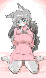  3:5 anthro biped blue_eyes blush bottomwear breasts canid canine canis clothed clothing digital_media_(artwork) female fur grey_body grey_fur grey_hair hair kemono kin-shun kneeling looking_at_viewer mammal ribbed_clothing ribbed_sweater skirt solo sweater topwear upskirt wolf 