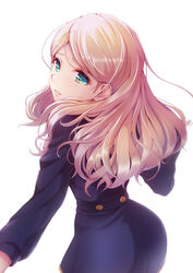  ass blonde_hair commentary_request female green_eyes gundam gundam_narrative highres imo_bouya long_hair long_sleeves looking_back rita_bernal sad solo 