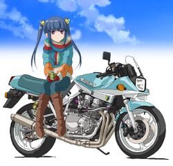  alternate_hairstyle bakuon!! bell blue_hair boots breath coffee_mug commentary cup female hair_bell hair_ornament hal-py jacket motor_vehicle motorcycle mug purple_eyes scarf shima_rin shoshinsha_mark sitting sky solo steam suzuki_(company) suzuki_katana suzunoki_rin twintails yurucamp 