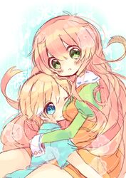  1boy bad_id bad_pixiv_id blonde_hair blue_eyes dress female green_eyes hug jinrui_wa_suitai_shimashita joshu-san long_hair long_sleeves looking_at_viewer nekoto_rina pink_hair watashi_(jintai) 