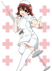  arakawa_kei blush brown_eyes brown_hair commentary_request cross dress female hat large_syringe looking_at_viewer nonohachi nurse nurse_cap one_eye_closed open_mouth oversized_object pointing red_cross saki_(manga) saki_achiga-hen shoes short_dress short_hair smile solo standing syringe thighhighs white_dress white_thighhighs zettai_ryouiki 