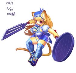  anthro biped breasts cleavage clothed clothing cookware domestic_cat felid feline felis female footwear frying_pan hat headgear headwear japanese_text kitchen_spatula kitchen_utensils legwear mammal melee_weapon ni_jikan shoes signature simple_background solo spatula stockings text tools weapon white_background 