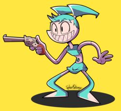  2018 4_fingers absurd_res android blue_hair digital_drawing_(artwork) digital_media_(artwork) female fingers grin gun hair handgun hi_res holding_gun holding_object holding_ranged_weapon holding_weapon humanoid jenny_wakeman machine my_life_as_a_teenage_robot navel nickelodeon not_furry ranged_weapon revolver robot robot_humanoid sharp_teeth signature simple_background smile solo standing teeth toony tophatmahoney twintails unusual_navel weapon white_body yellow_background 