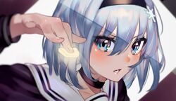  arm_up black_choker black_hairband black_shirt blue_eyes blue_hair choker commentary_request female hair_between_eyes hair_ornament hairband highres long_sleeves looking_at_viewer pink_lips ryuuou_no_oshigoto! sailor_collar school_uniform serafuku shirt shogi_piece snowflake_hair_ornament solo sora_ginko upper_body white_sailor_collar yoshihiro_(yoshihiro12190) 