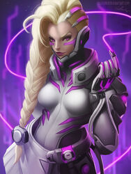  alternate_hairstyle artist_name asymmetrical_hair augmented_sombra blonde_hair bodysuit braid commentary deviantart_username english_commentary female highres lolliedrop looking_at_viewer official_alternate_costume overwatch overwatch_1 purple_background purple_eyes sakimichan_(style) side_ponytail sidecut signature smile sombra_(overwatch) undercut upper_body web_address 