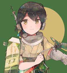  aircraft airplane bad_id bad_twitter_id black_hair brown_eyes female flight_deck folded_ponytail gloves green_hakama hakama hakama_skirt headphones itomugi-kun japanese_clothes kantai_collection kasuga_maru_(kancolle) long_hair looking_at_viewer partially_fingerless_gloves short_sleeves skirt smile solo taiyou_(kancolle) taiyou_kai_ni_(kancolle) upper_body yugake 